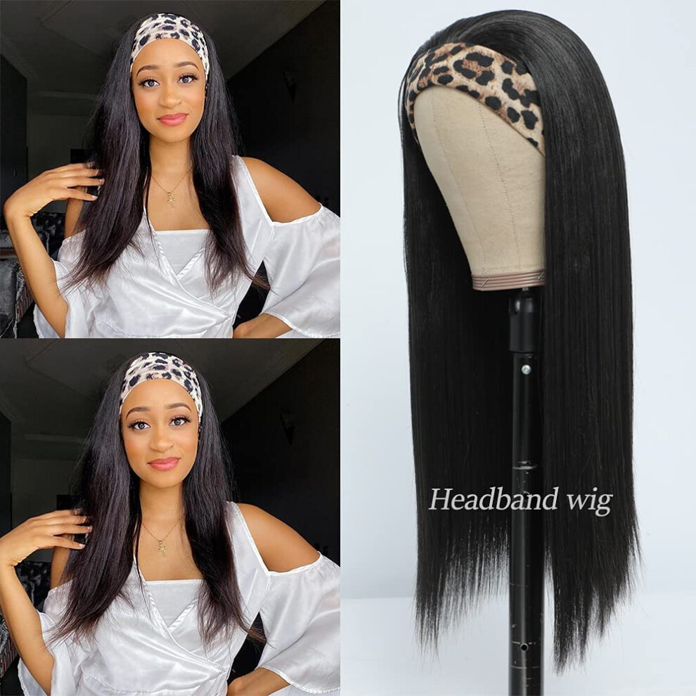 Unisex Black 22 Inch Straight Headband Wig For Women, Glueless Synthetic Wig With Headbands And Caps