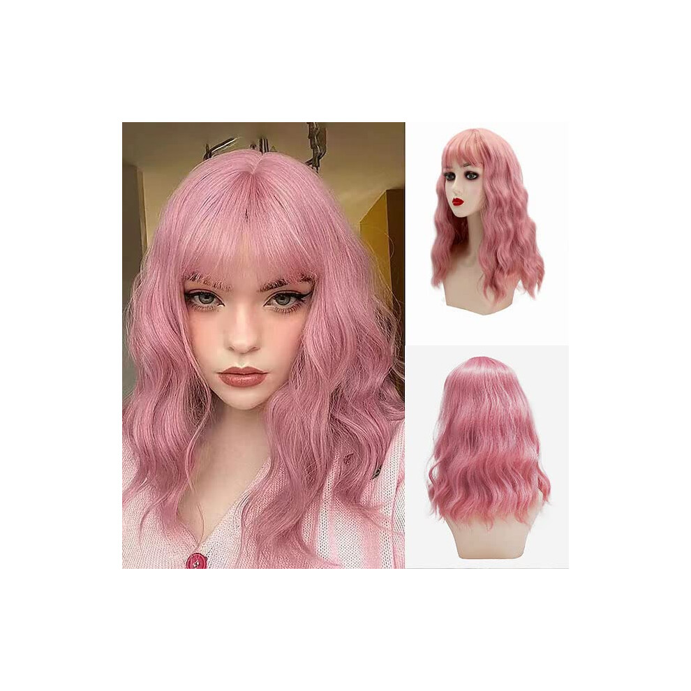 Unisex Pink Bob Wig With Bangs, Short Wavy Pastel Heatfriendly Fiber, Adjustable Breathable Cap