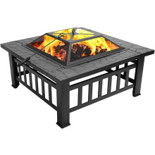 3 in 1 Outdoor Fire Pit Grill Table, Round Steel Fire Bowl with BBQ Rack and Ice Bucket for Backyard Camping
