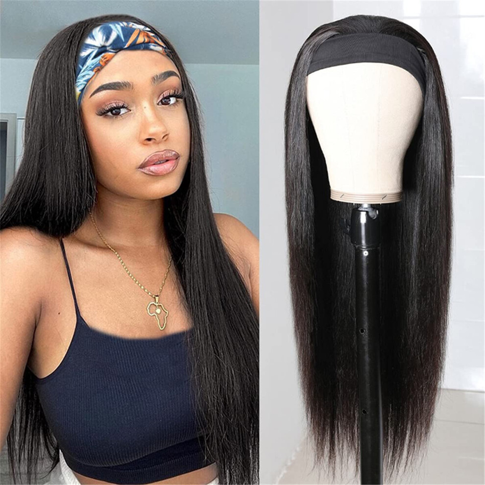 Unisex Black Headband Wig 24 Inch Silky Straight Synthetic Glueless Long Hair With Natural Hairline