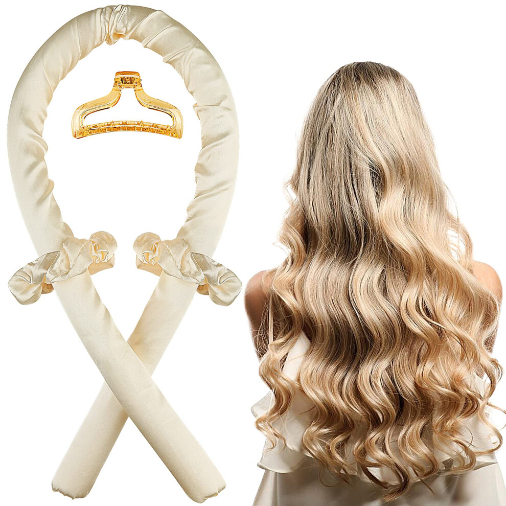 Heatless Curling Rod Headband for Long Hair Overnight NoHeat Soft Silk Curling Ribbon Beige