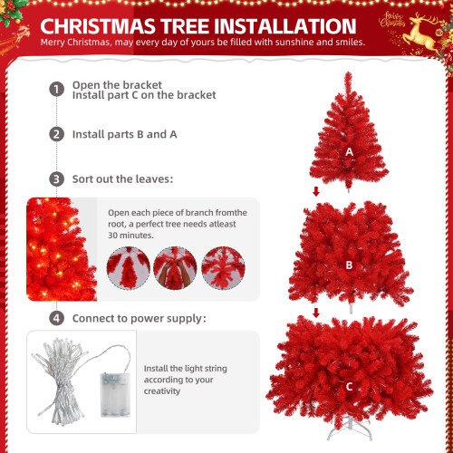 Red 6ft Lighted Artificial Christmas Tree Battery Operated Xmas Tree 2