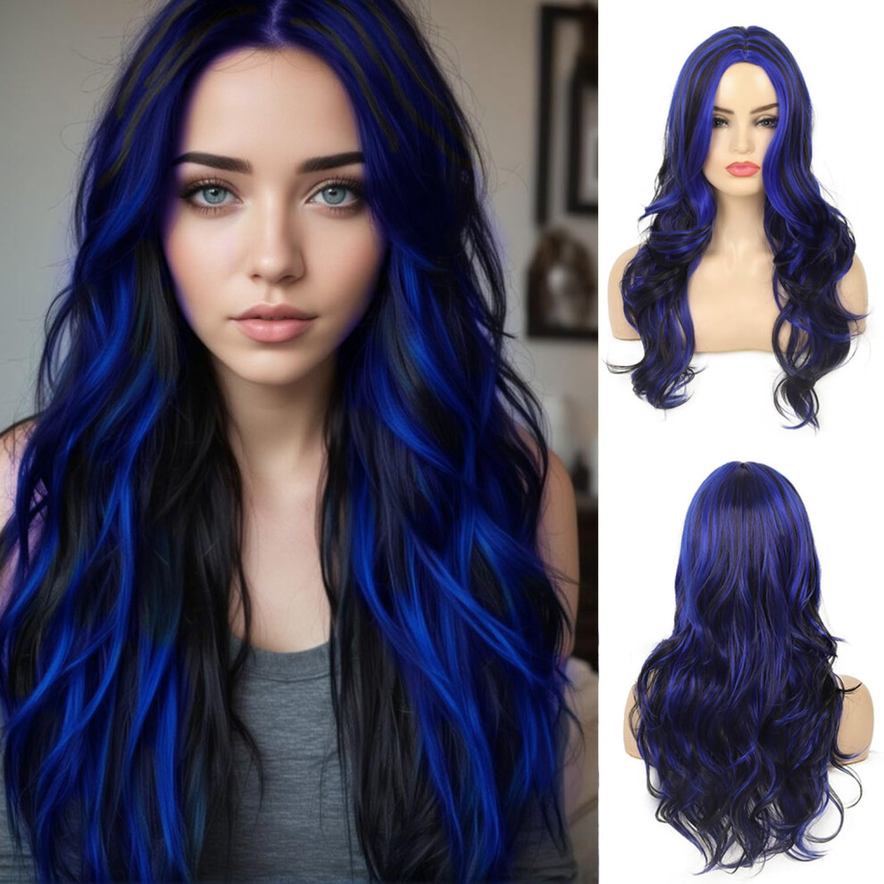 Unisex Blue,Black Blue Black Long Wavy Synthetic Wig With Layered Middle Part For Women Cosplay And Halloween