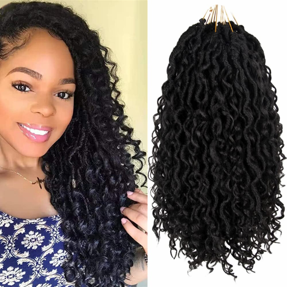 Unisex Black 14 Inch Prelooped Goddess Locs Crochet Hair With Small Curls, 7 Packs River Faux Locs For Women
