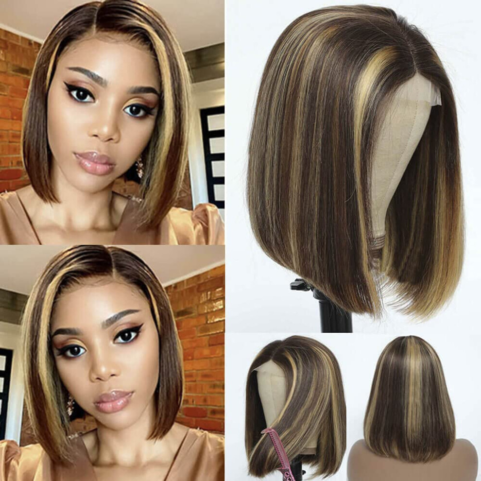 Unisex Human Hair Wig P4/27 Highlight Bob With Natural Hairline Glueless For Women 14 Inch
