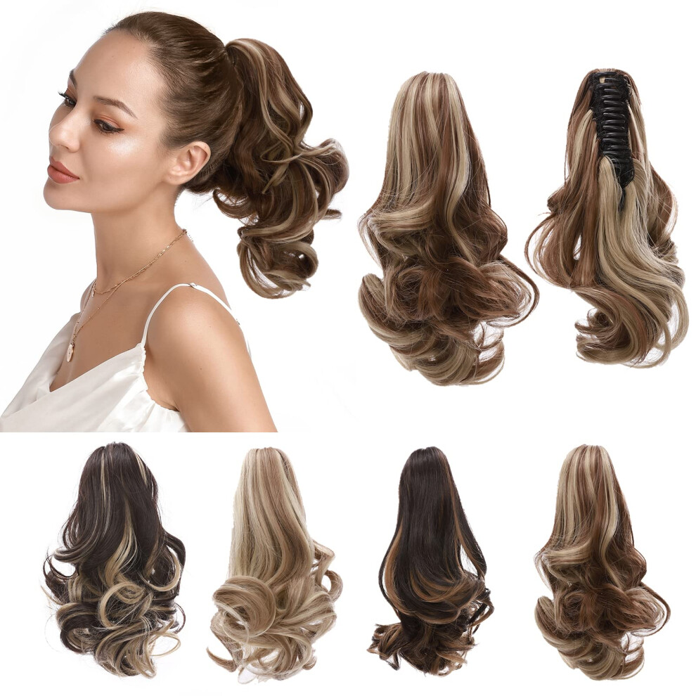 Unisex Brown Light Ash Blonde Wavy Claw Clip Ponytail Extension 12 Inch Curly Synthetic Hairpiece