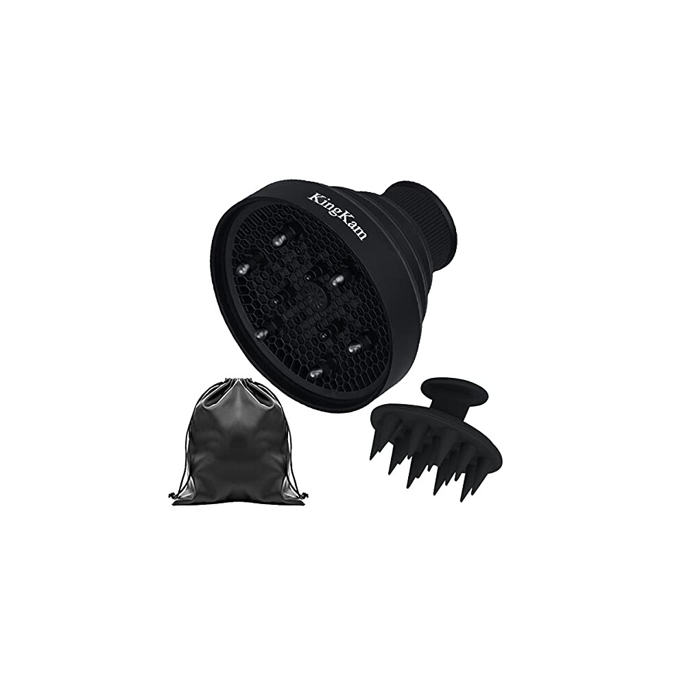 Universal Collapsible Hair Dryer Diffuser for Curly Hair with Scalp Massager Brush, Dark Black