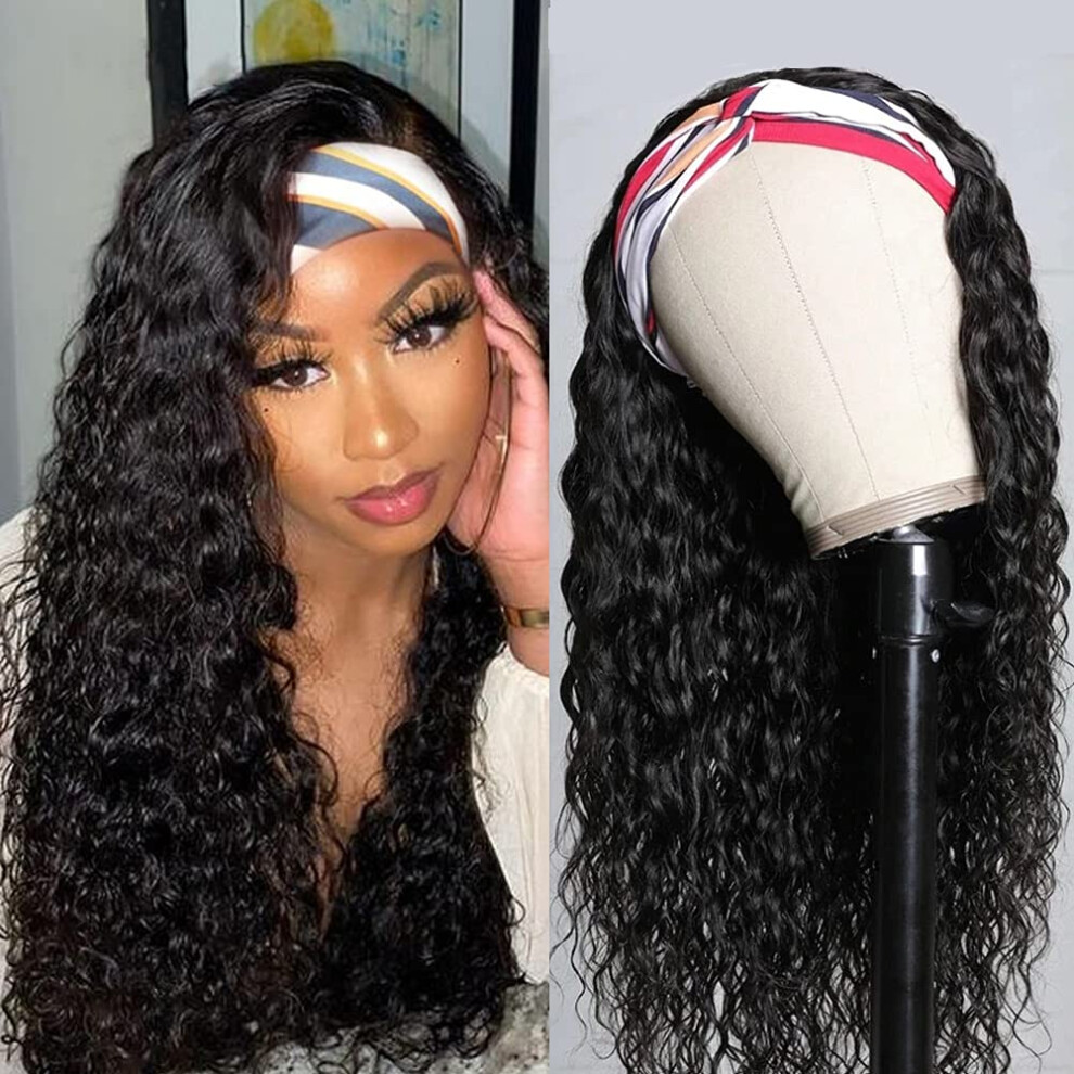 Unisex Black Headband Wig Human Hair Water Wave For Women Brazilian Remy 180% Density Glueless 20 Inch