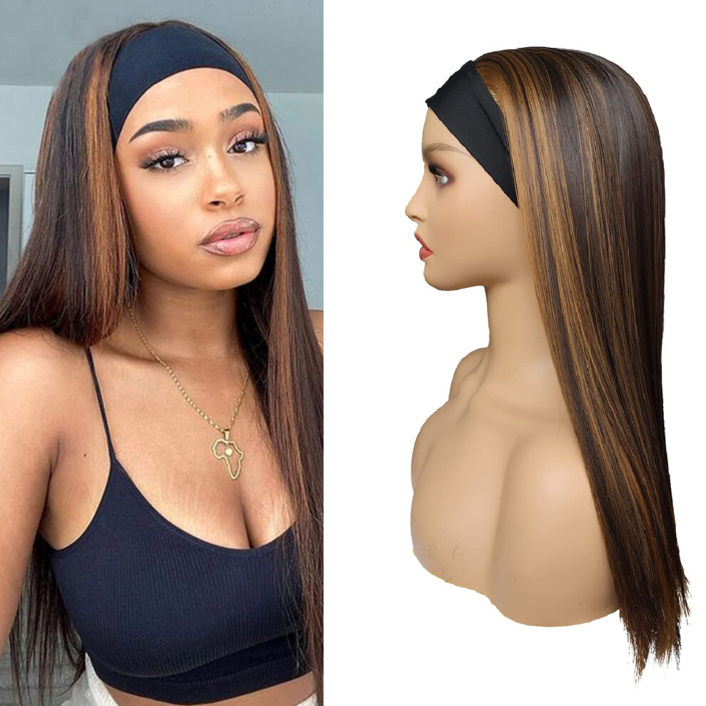 Headband Wig for Black Women 20 Inch Dark Brown Synthetic Glueless Heat Resistant Natural Look