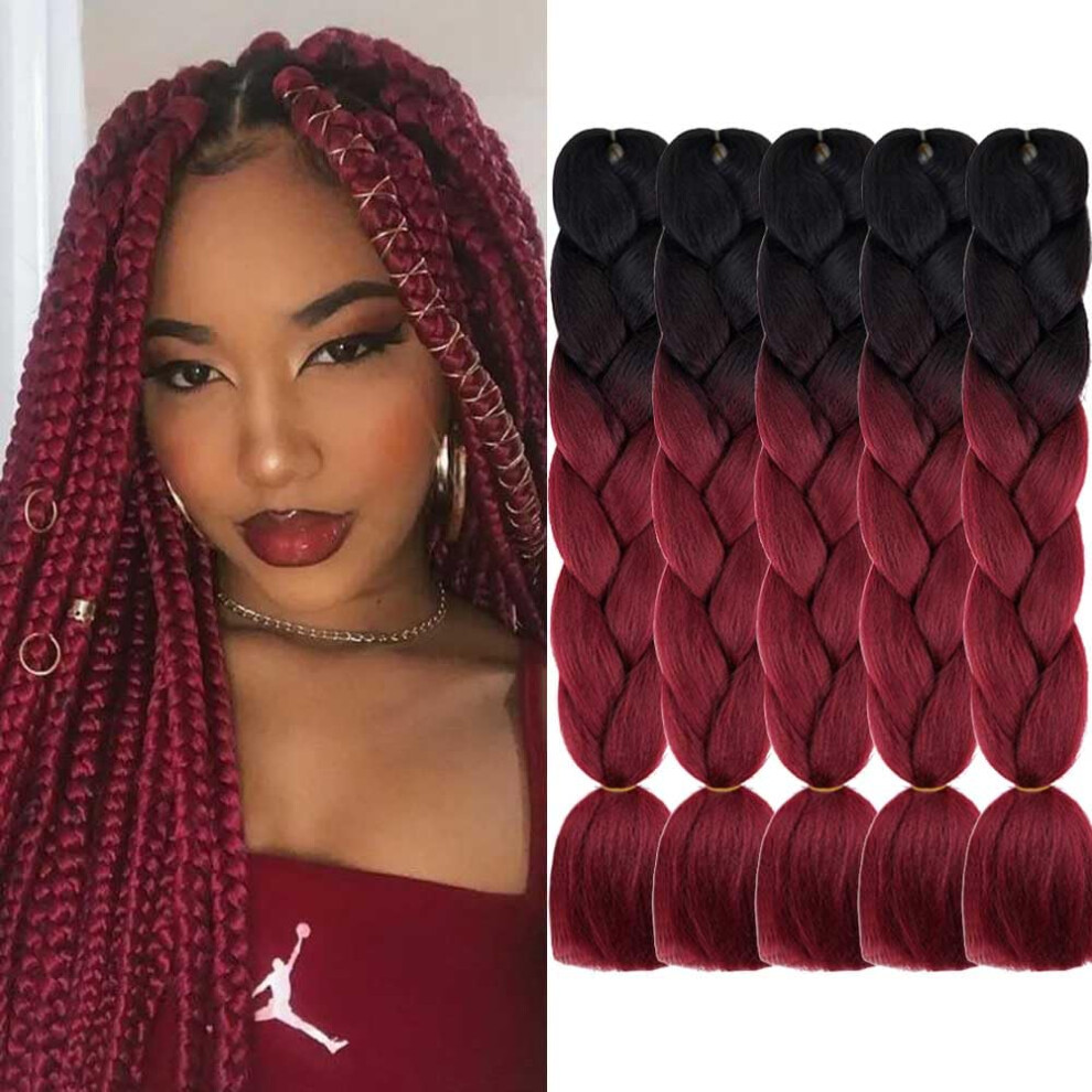Ombre Braiding Hair Extensions Black to Wine 24 Inch Synthetic 5pcs for Crochet and Twist Styles