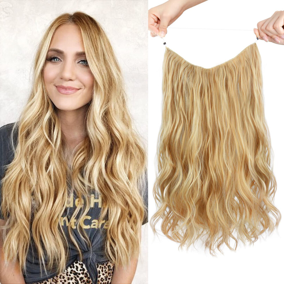 Unisex Golden 24 Inch Wavy Invisible Wire Hair Extensions For Women Medium Blonde Halo Hairpiece