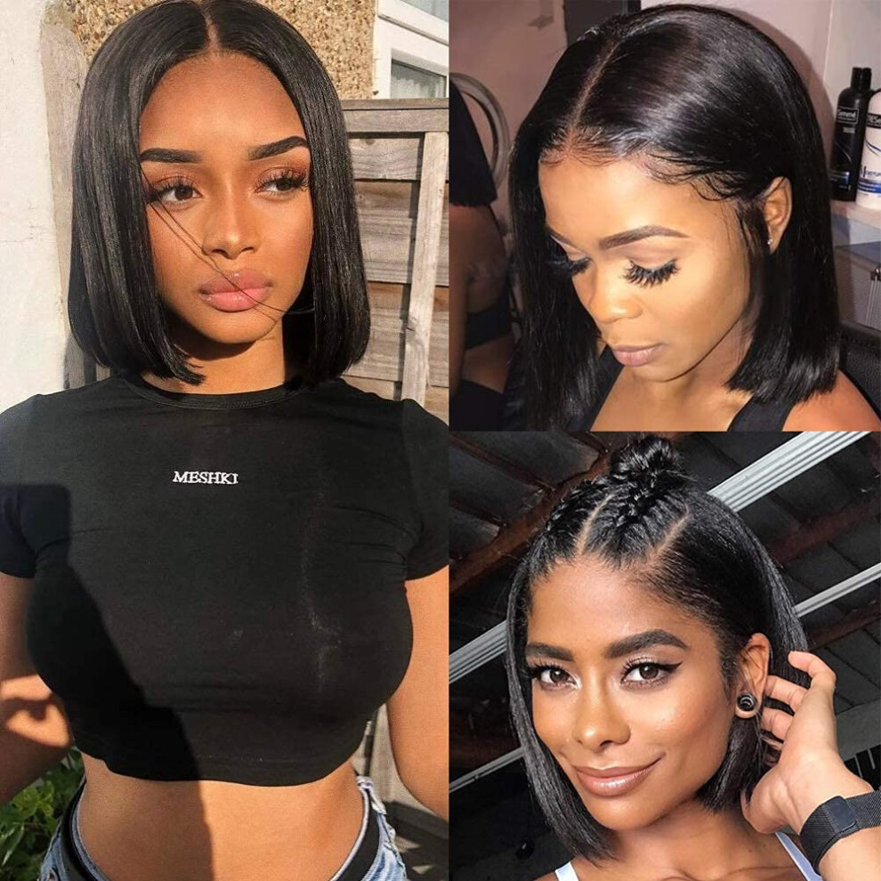 Unisex Black Human Hair Lace Front Bob Wig For Women 8 Inch 13X4x1 T Part Glueless Brazilian Virgin Hair