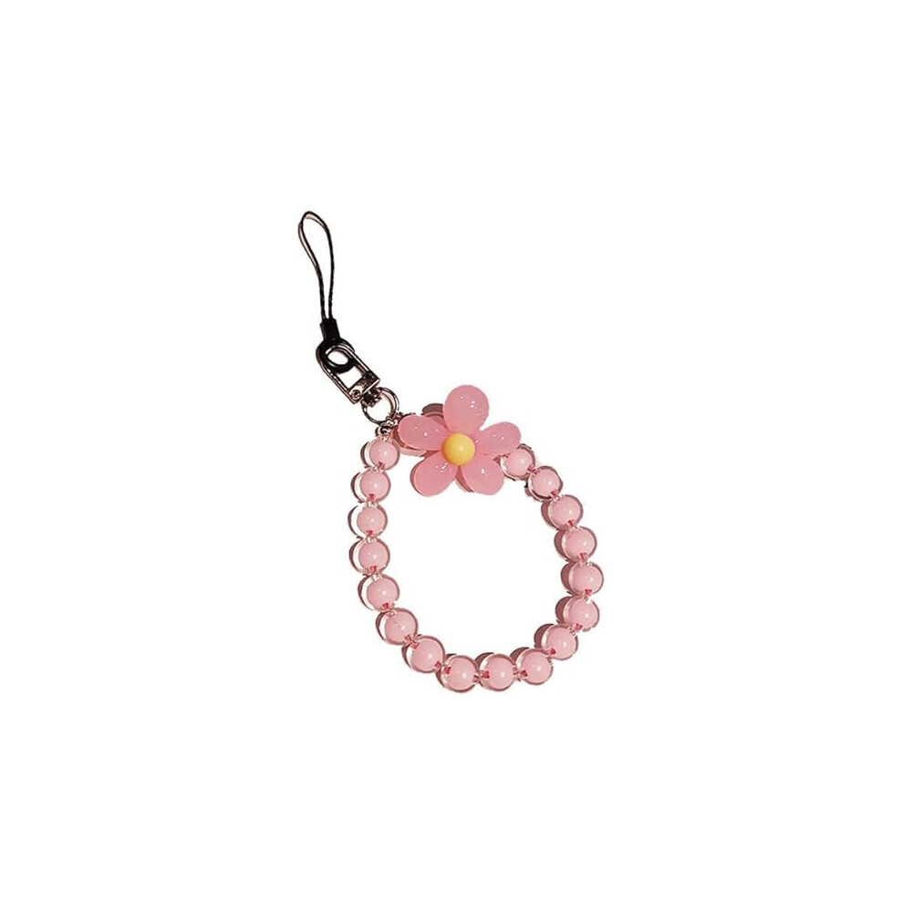 Phone Lanyard With Beaded Flower Wrist Strap, Cute Antidrop Mobile Charm For Women Pink 9113335697393