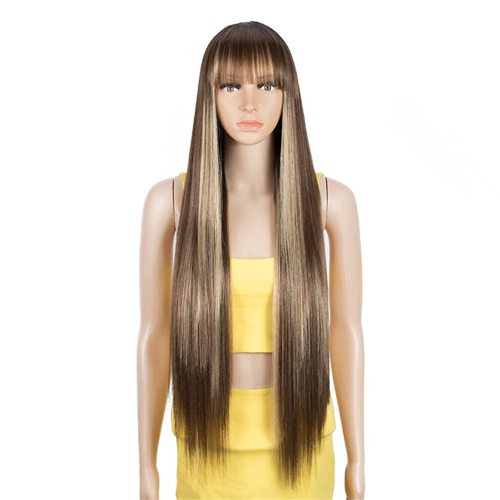 36 Inch Synthetic Wig with Bangs Long Straight Ombre Blonde Heat Resistant Lace Natural Hairline