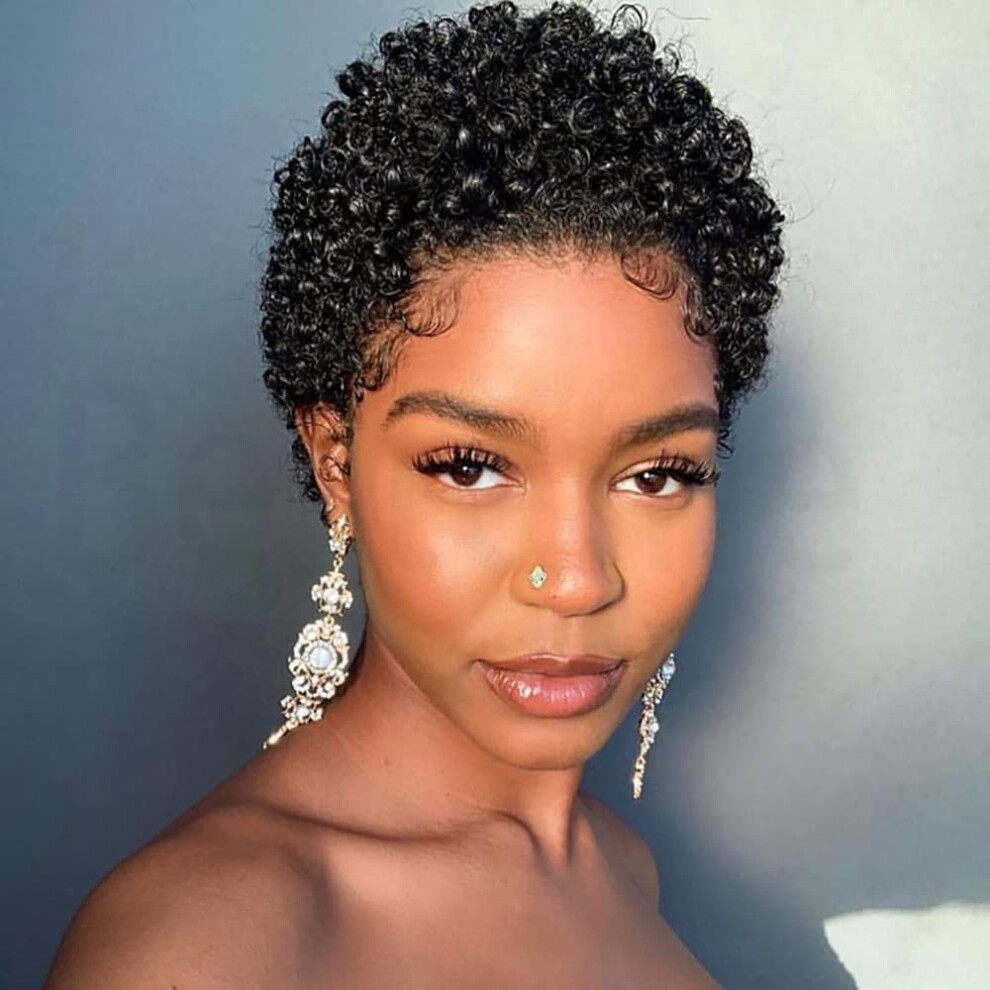 Unisex Black Short Afro Curly Human Hair Wig Natural Pixie Cut Brazilian Remy Hair For Women