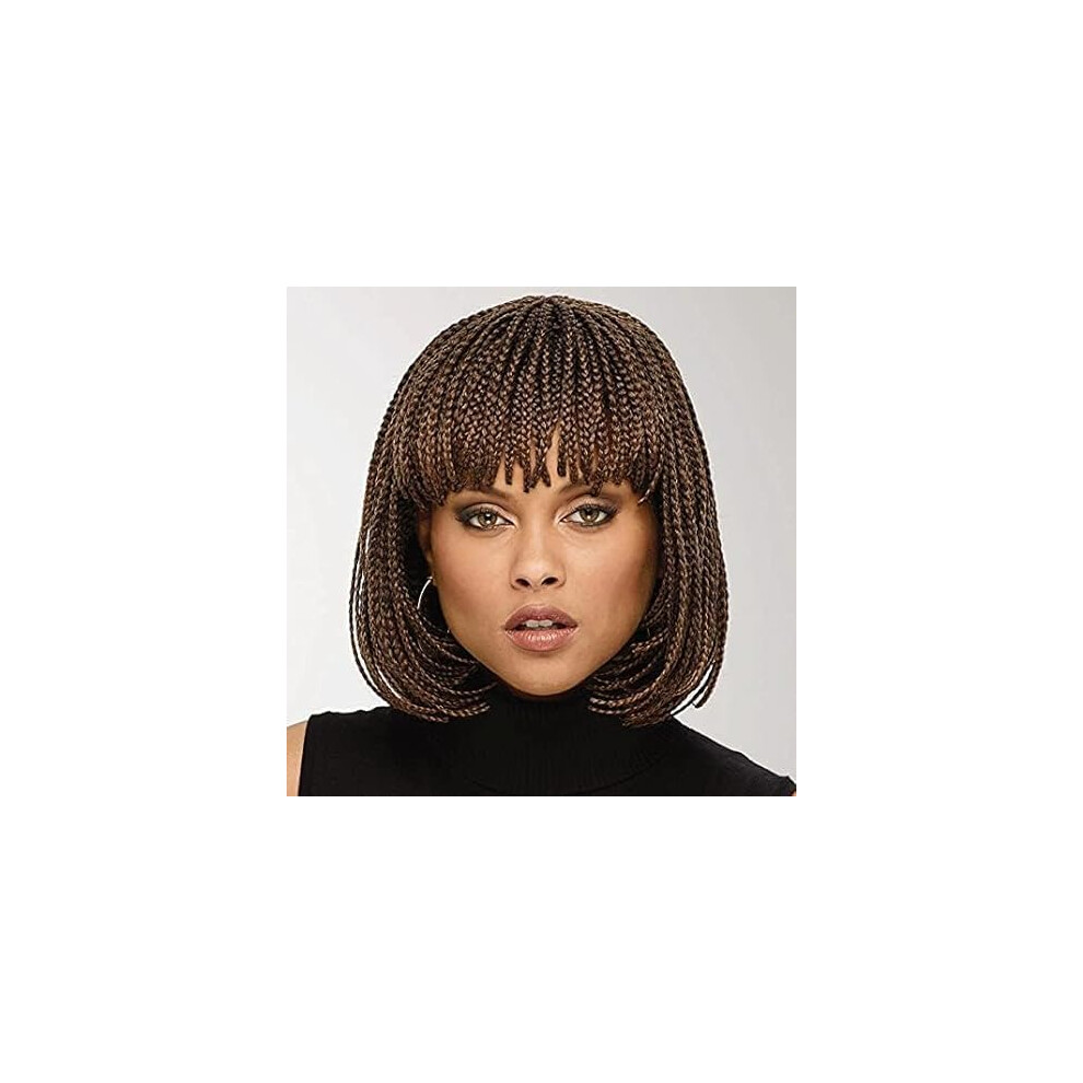 Unisex Black,Brown Braided Wig With Bangs 12 Inch Synthetic Short Bob Box Braids For Black Women Brown Medium Cap