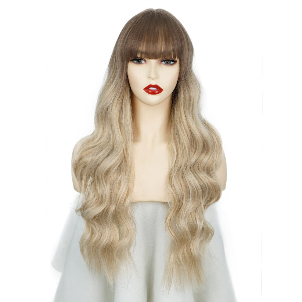 Unisex Brown Ombre Blonde Wig With Bangs Long Wavy To Blonde 26 Inch Synthetic Hair For Women