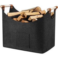 Large Felt Firewood Basket with Handles, Extra Thick Foldable Fireplace Wood Storage Bin, Dark Grey
