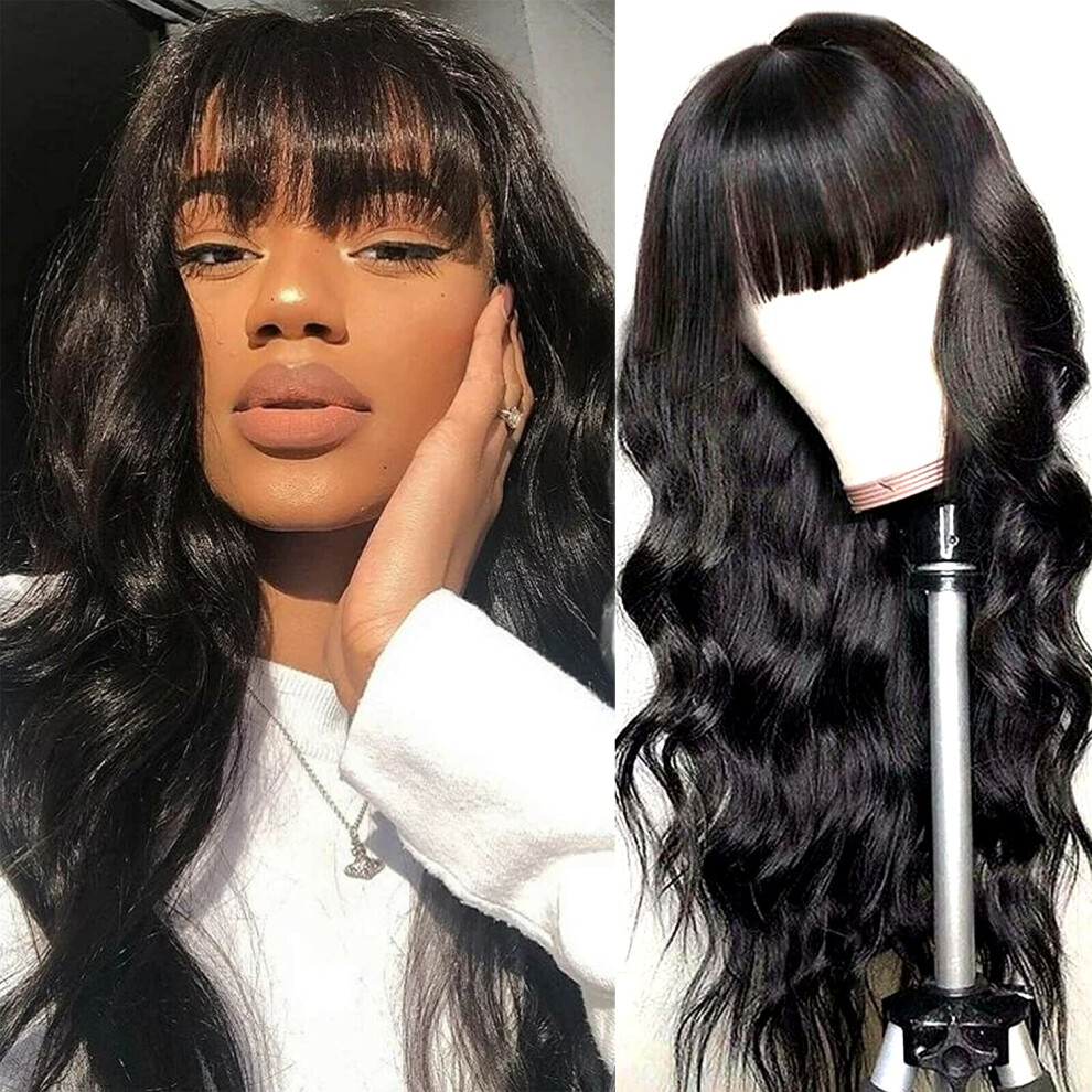 Unisex Black 25 Inch Long Wavy Wig With Bangs Glueless Heat Resistant Synthetic Hair For Women Cosplay