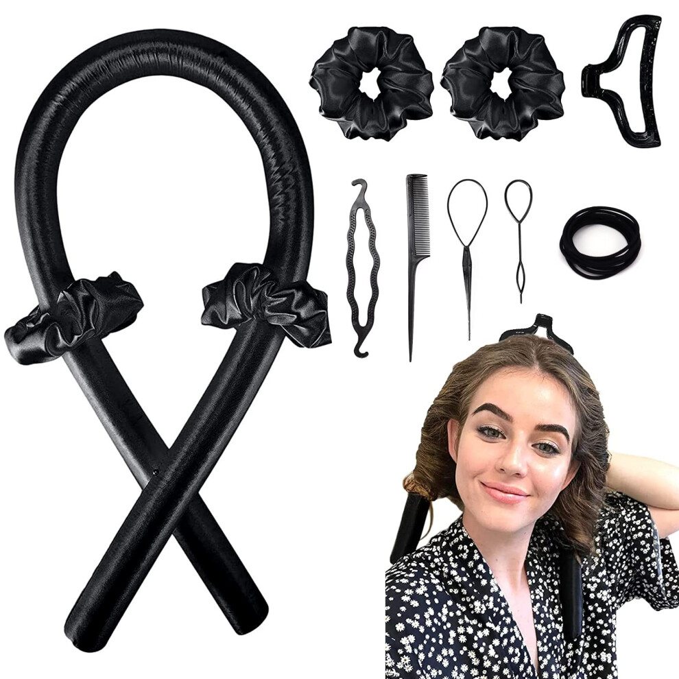 Black Heatless Hair Curlers Silk Curling Ribbon Headband With Hair Clips Scrunchie Comb Set