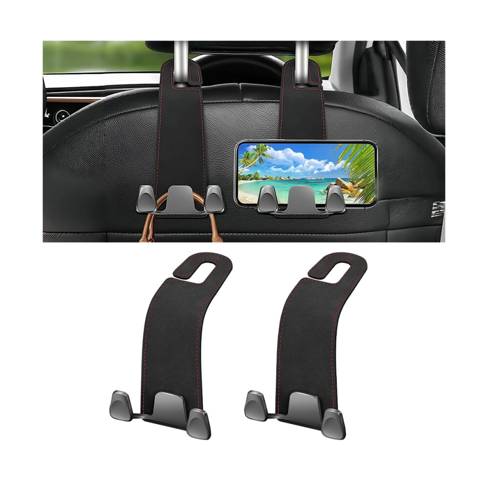 Car Seat Headrest Hook Leather Dual Hook 44 Lbs Holder With Phone Stand Organizer For Car Truck Suv (2Pcs ) Black 9455672762052