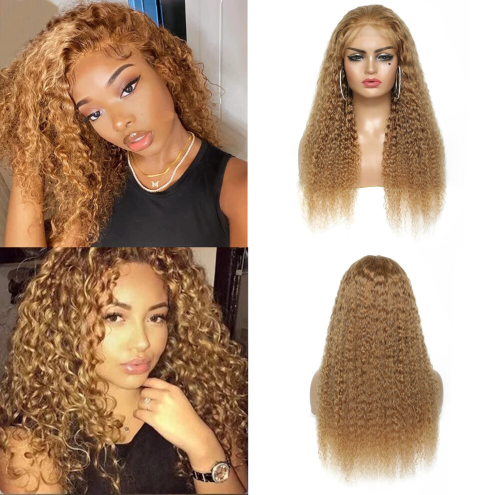 Unisex Honey Blonde Lace Front Wig Human Hair 27 Curly 24 Inch Pre Plucked Bleached Knots 130% Density