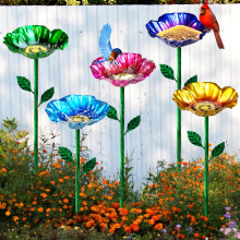 Metal Bird Bath and Feeder 2‑in‑1 Flower Shape with Stake, Weather‑Resistant Garden Decor 3PCS