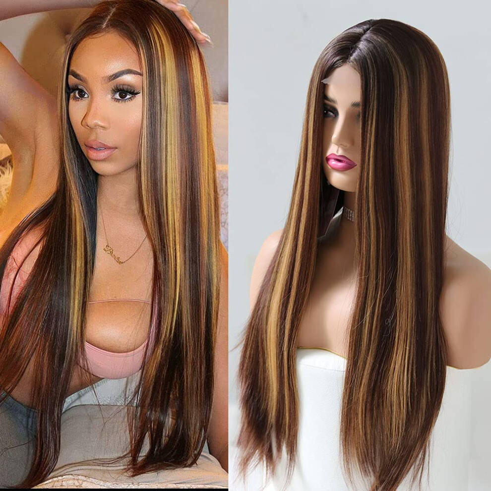 Long Straight Ombre Brown Blonde Wig 26 Inch Synthetic Middle Part Natural Lace Hairline Heat Resistant