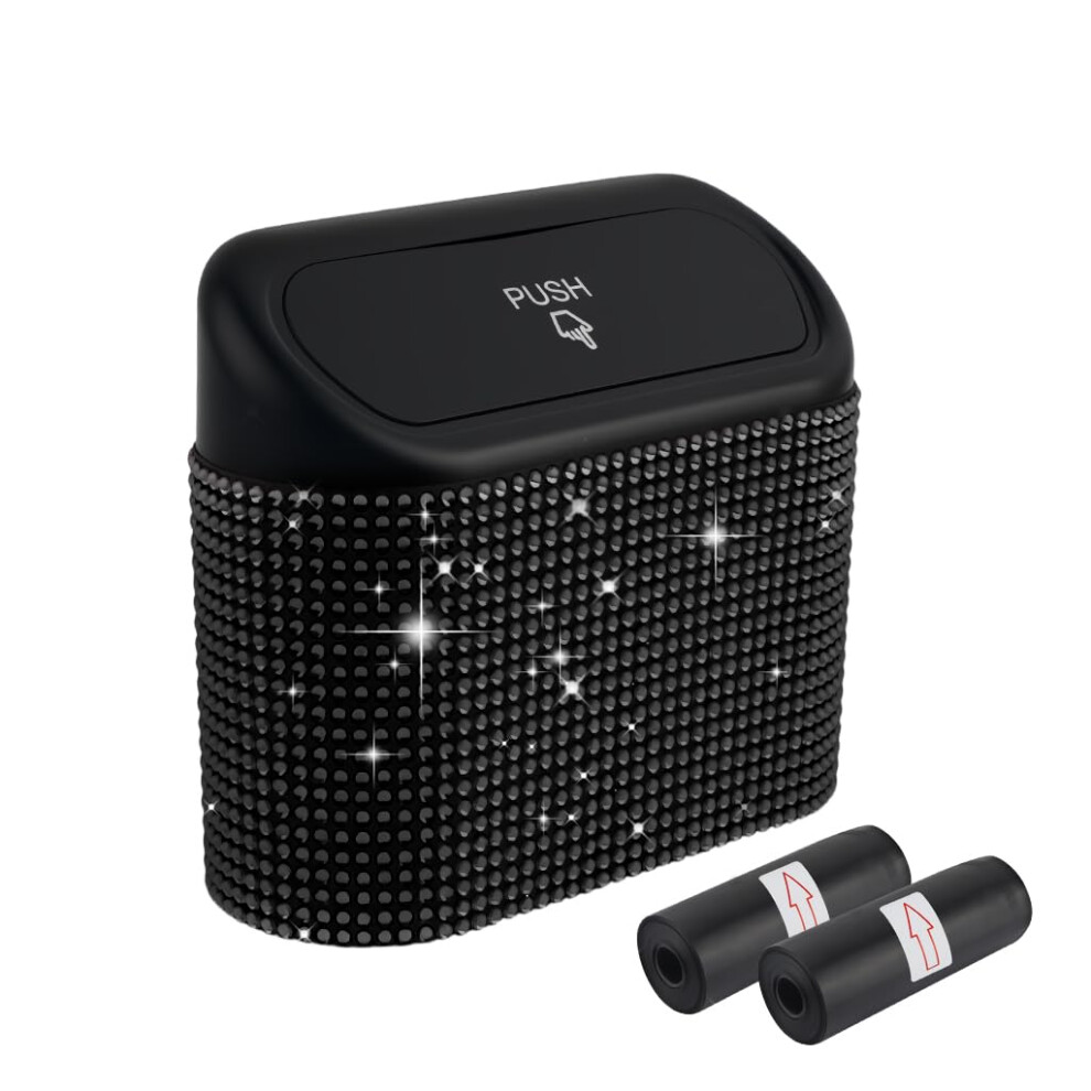 Car Trash Can With Lid And Rhinestones, Sparkling Pushtoopen Vehicle Garbage Bin Diamond Black 9053599090793