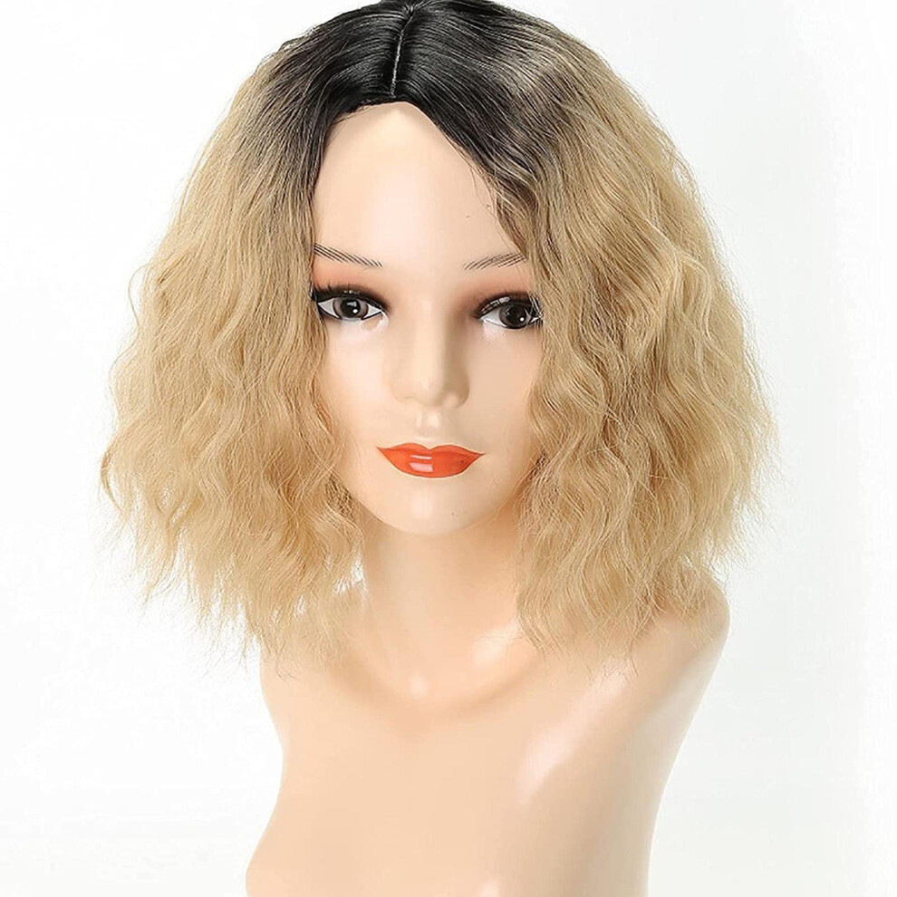 Unisex Black Blonde Bob Wig With Bangs, Ombre To Blonde Curly Synthetic Wig For Women, 16 Inch