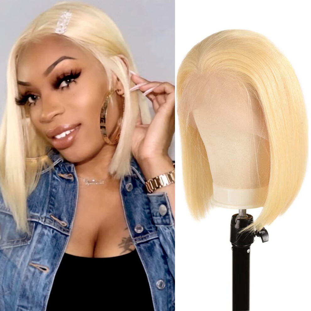 613 Blonde Bob Wig Human Hair Lace Front 13x6x1 Pre Plucked Hairline Blunt Cut 12 Inch Dyeable