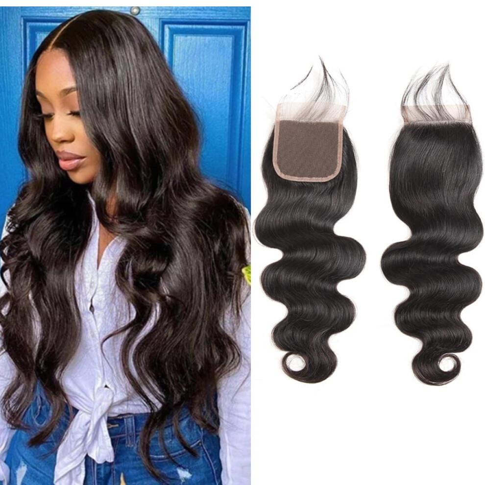 Unisex Brazilian Body Wave 4X4 Lace Closure 14 Inch Virgin Human Hair Pre Plucked Natural Hairline