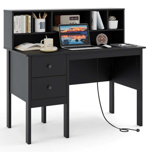 Costway 120 CM Writing Desk With Hutch Computer Desk with Power Outlets