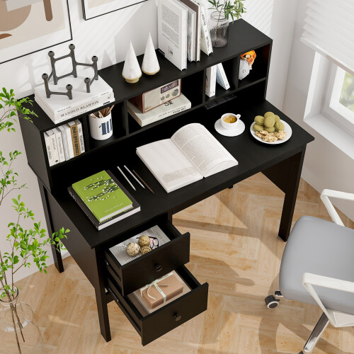 Costway 120 CM Writing Desk With Hutch Computer Desk with Power Outlets 2