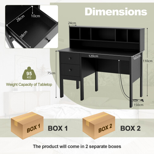Costway 120 CM Writing Desk With Hutch Computer Desk with Power Outlets 1