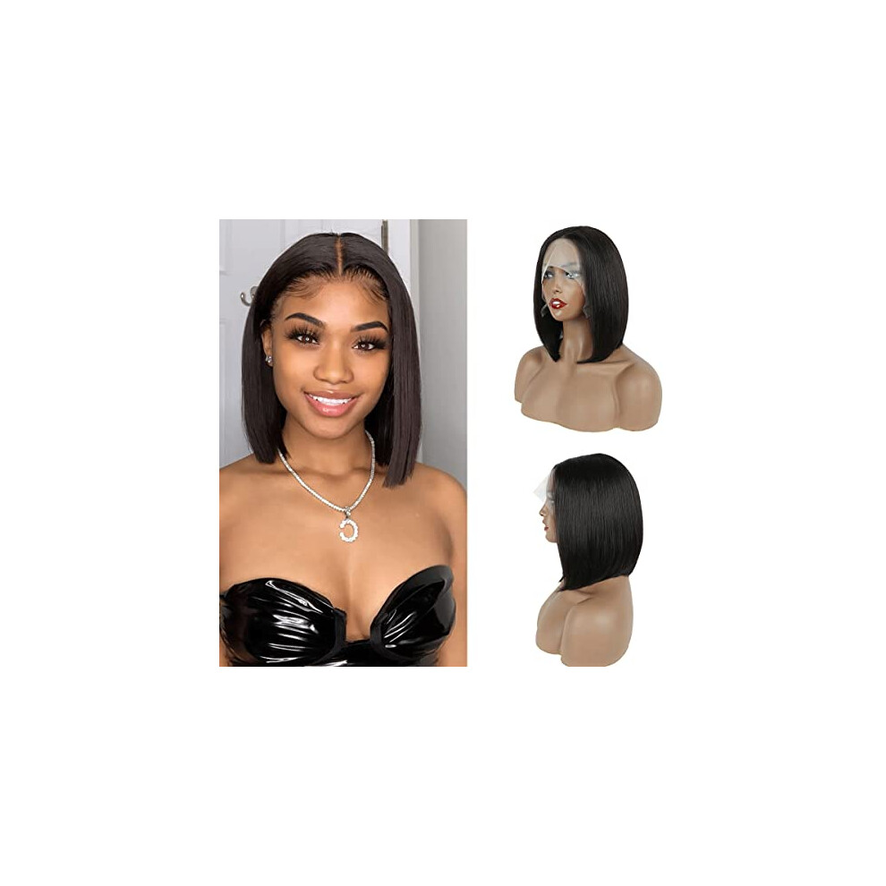 Unisex Black 13X4x1 Brazilian Lace Front Bob Wig Human Hair 10 Inch Silky Straight PreâPlucked Natural Hairline 150% Density For Women