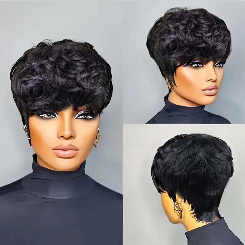 Unisex Black Pixie Cut Wig Brazilian Virgin Human Hair Short Layered Bob For Women Glueless Ready To Wear