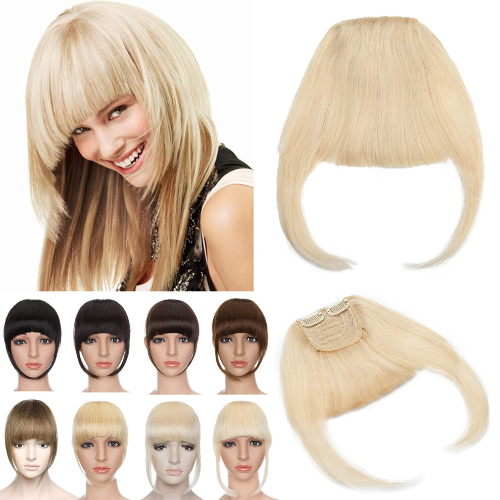 Clip in Bangs Human Hair #613 Bleach Blonde Blunt Cut Fringe with 2 Clips for Women