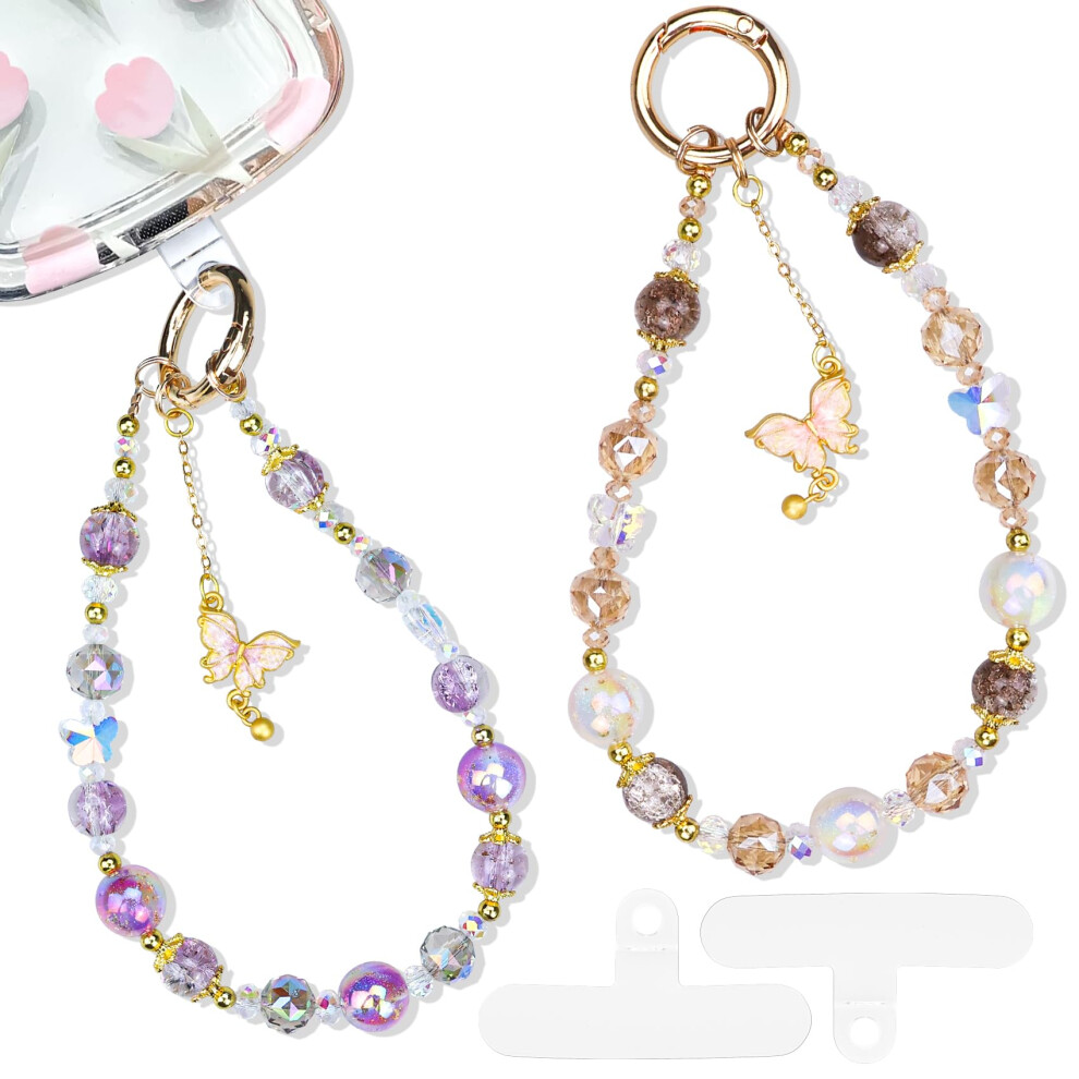 2Pack Beaded Phone Strap With Crystal And Butterfly Charm, Wrist Lanyard For Iphone And Samsung Phones For Women 9070919919640