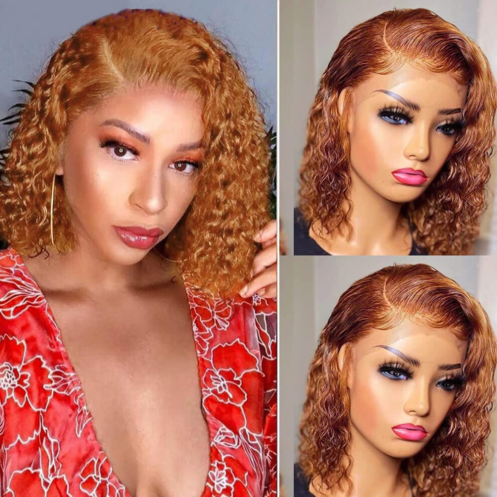 Unisex Orange Bob Wig Human Hair Lace Front Brazilian Remy Preplucked Curly Ginger Short Style
