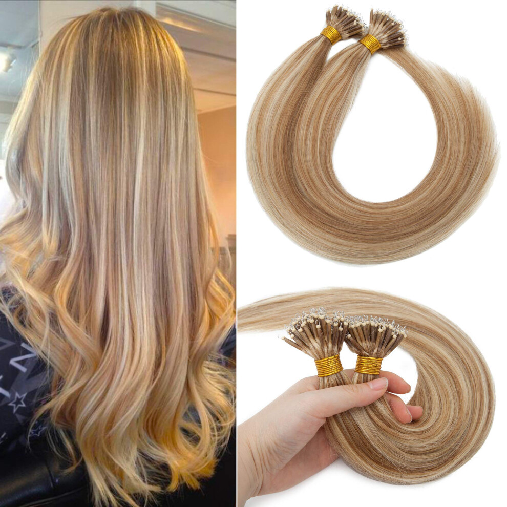 Unisex Brown 20 Inch Nano Ring Human Hair Extensions Balayage 12/613 Golden Bleach Blonde 50 Strands