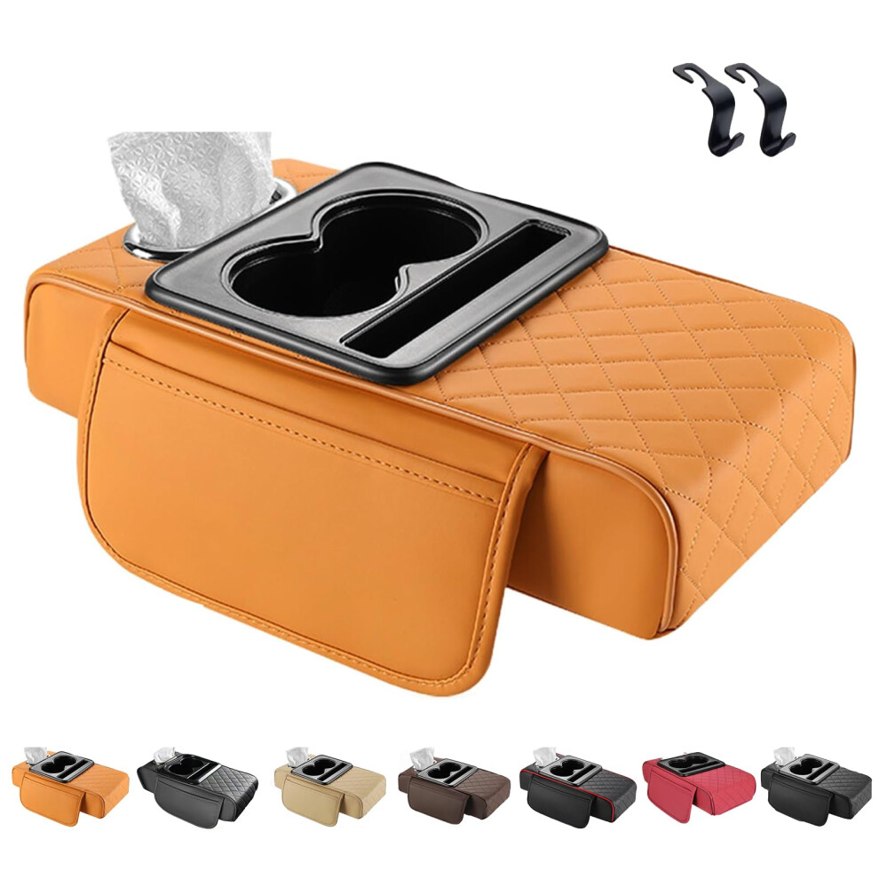 Car Armrest Organizer Pu Leather 5In1 Center Console Cover With Storage, Cup Holder, Tissue Slot, Universal Yellow 9113335700932