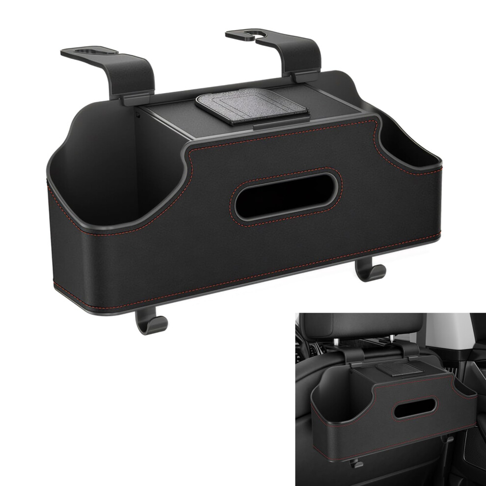 Car Seat Organizer Leather Backseat Storage With Dual Cup Holders, Tissue Box And Hook, Universal Fit (Black) Black