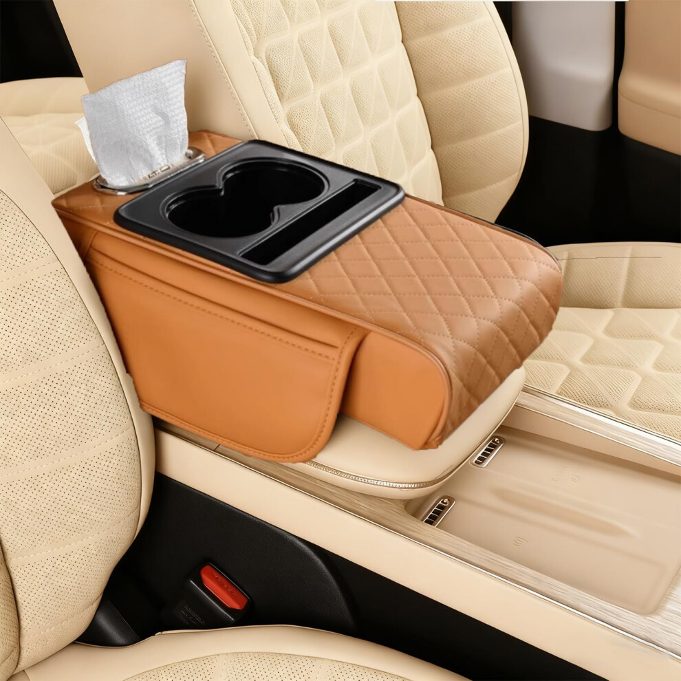 Pu Leather Car Armrest Organizer With Cup Holder, Universal Center Console Cover Cushion, Yellow 9113335701274