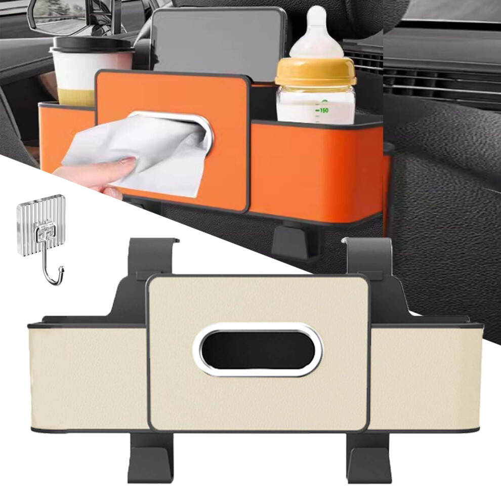 Leather Car Backseat Organizer With Cup Holders, Tissue Box And Hooks, Universal Large Capacity Storage (Beige) Beige 9053599094586