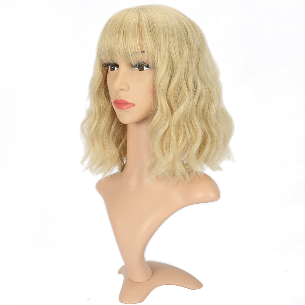 Unisex Light Blonde Wavy Bob Wig With Air Bangs Heat Resistant Synthetic Short Wig For Women Cosplay