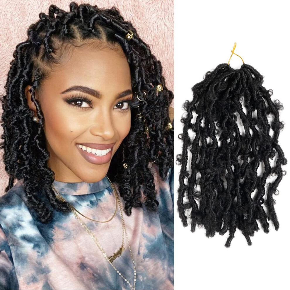 Unisex Black 12 Inch Crochet Butterfly Locs Hair Extensions, Prelooped Distressed Faux Locs, 6 Pack 1B