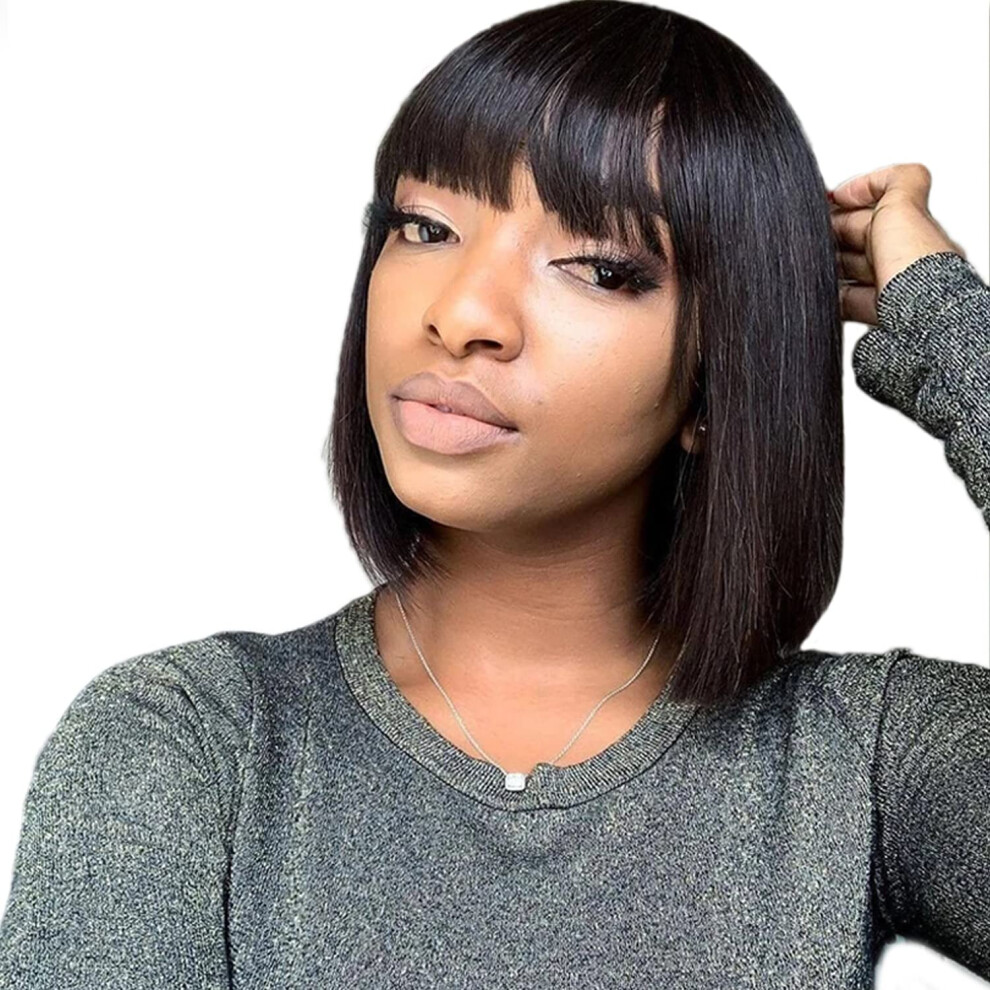 Unisex Black Bob Wigs With Bangs Glueless Brazilian Virgin Human Hair, Straight 12 Inch For Women