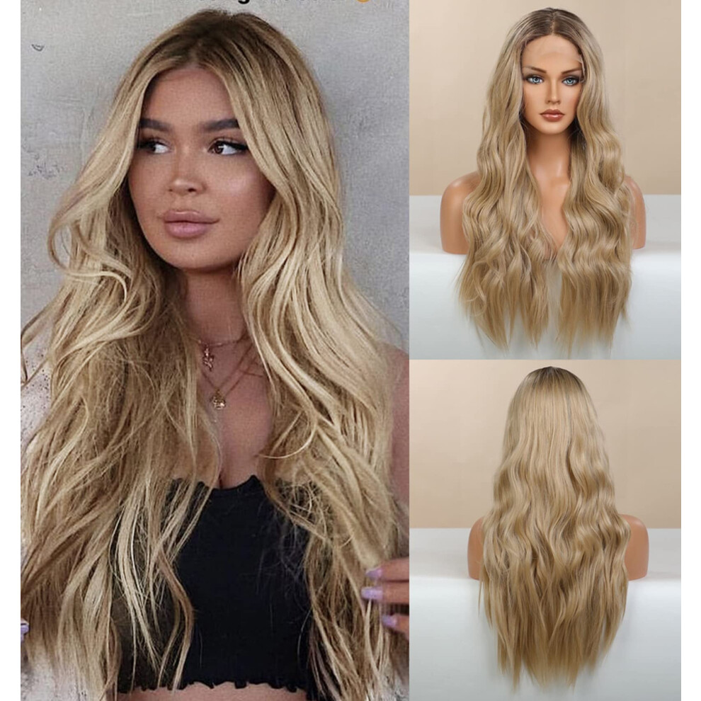 24 Inch Wavy Ombre Blonde Lace Front Wig for Women, Brown Honey Blonde Glueless Synthetic Wig