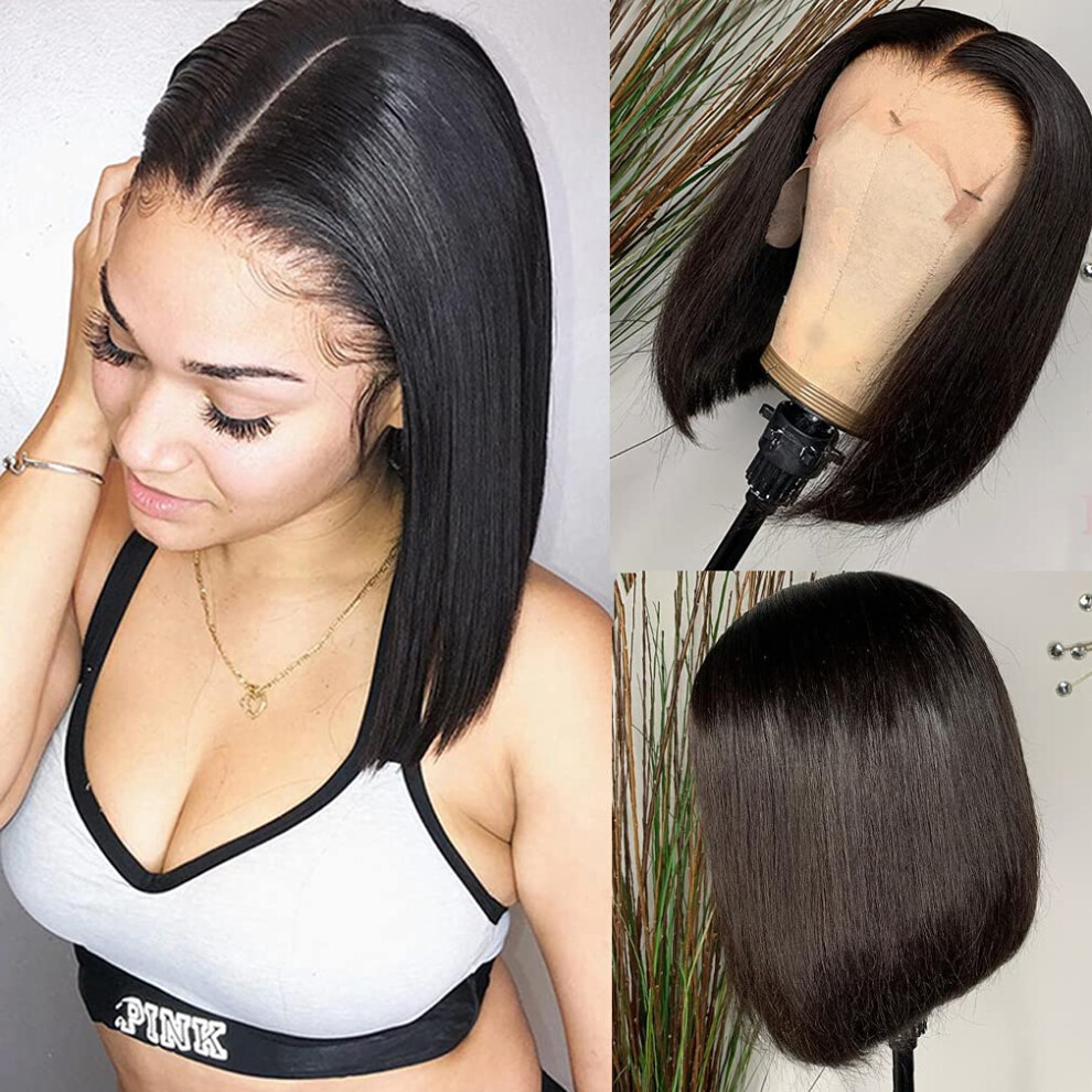 Unisex Black Bob Wig 1B 12 Inch Brazilian Human Hair 13X1 Lace Front Pre Plucked Bleached Knots 150% Density